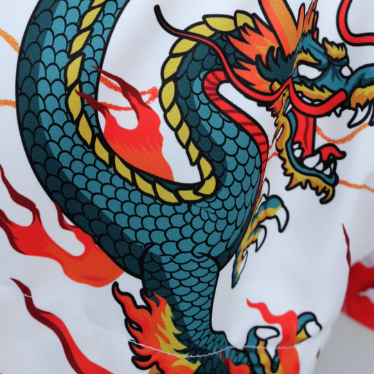 Tuff White with Blue Chinese Dragon Thai Boxing Shorts