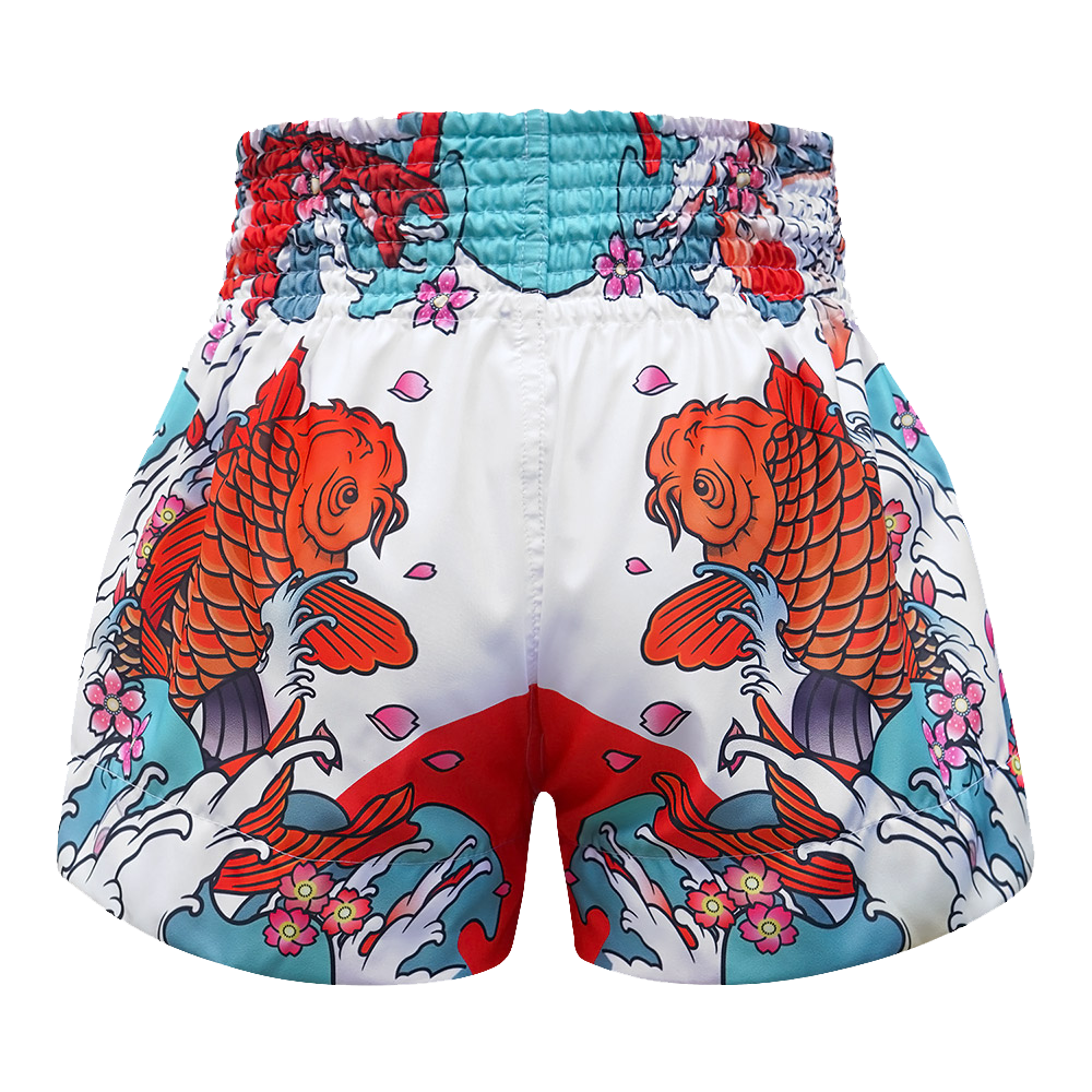 Tuff White Japanese Koi Fish Thai Boxing Shorts
