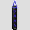 Black punching bag with blue text and 'MMA' logo on a gray background