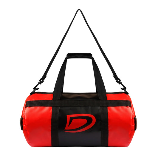 Red and black duffel bag with a logo on a light gray background