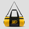 Yellow and black duffel bag with a logo on a light gray background