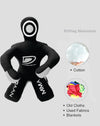 Black MMA training dummy with white text and a logo, surrounded by icons indicating filling materials.