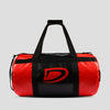 Red and black duffel bag with a logo on a light gray background
