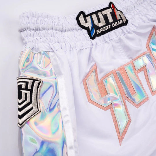 Yuth Hologram Muay Thai Shorts - White/Silver/Orange