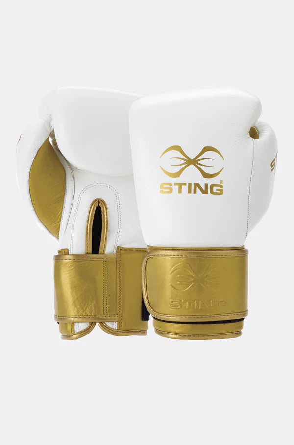 Sting Evolution Velcro Boxing Gloves - White/Gold - 12Oz