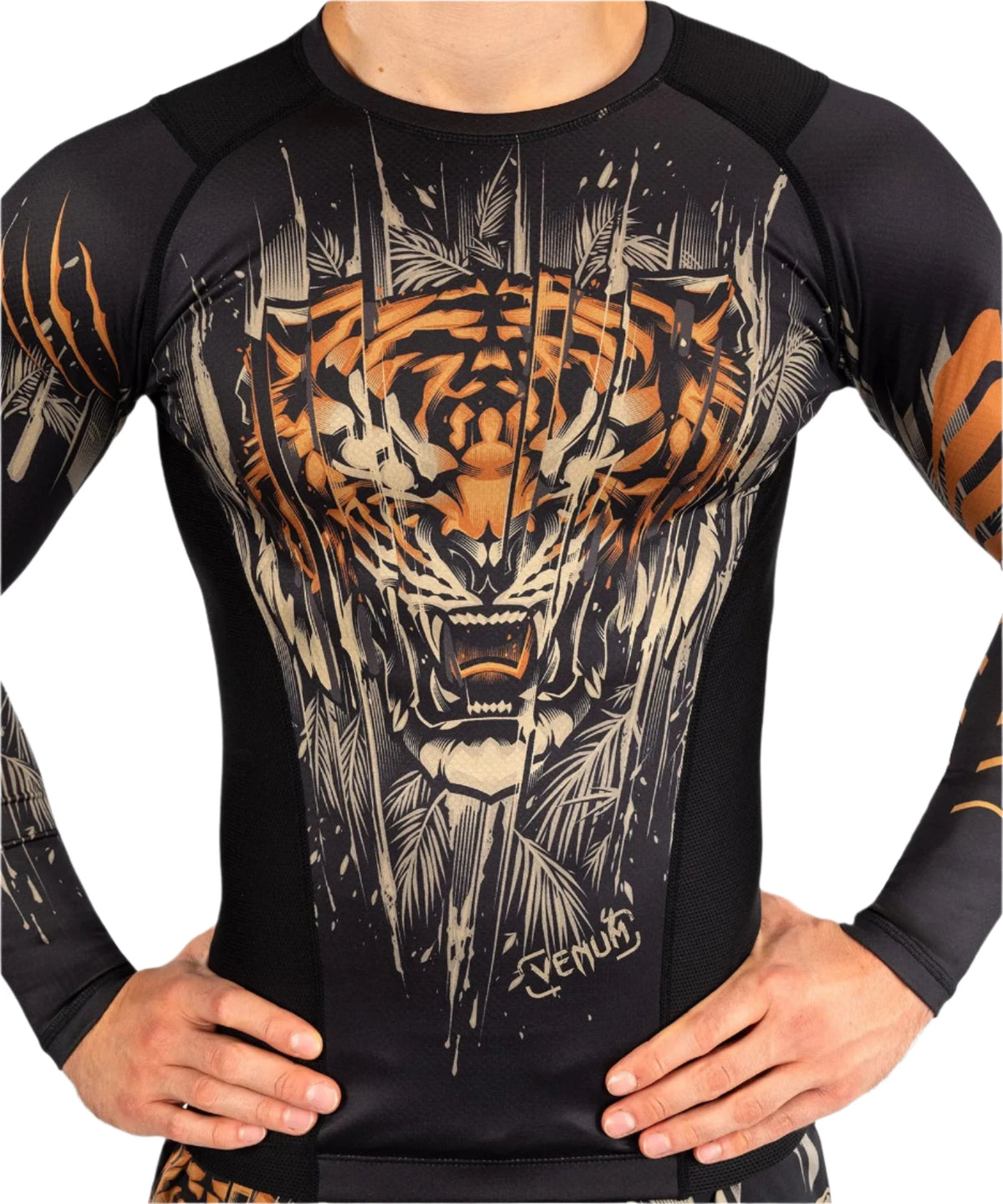 Venum Tiger Men's Long Sleeve Rashguard - Black/Neon Orange