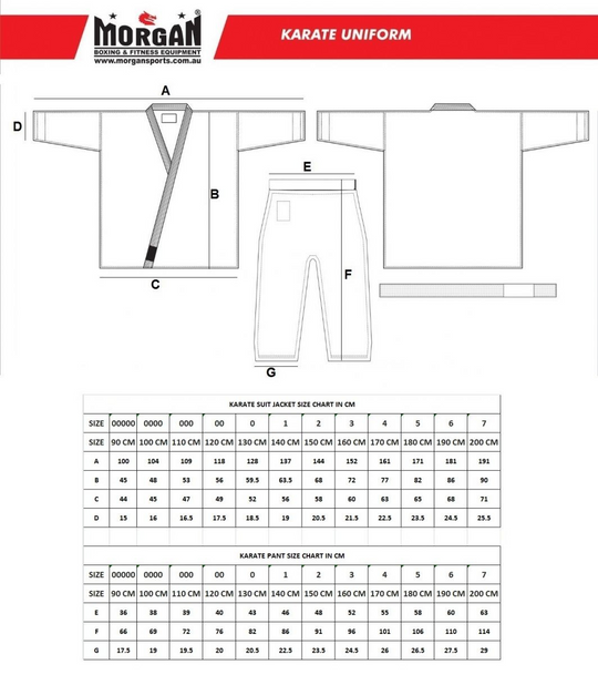 DRAGON KARATE UNIFORM (BLACK) size chart