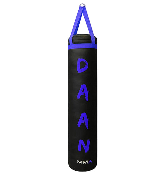Black punching bag with purple text and 'MMA' logo on a gray background